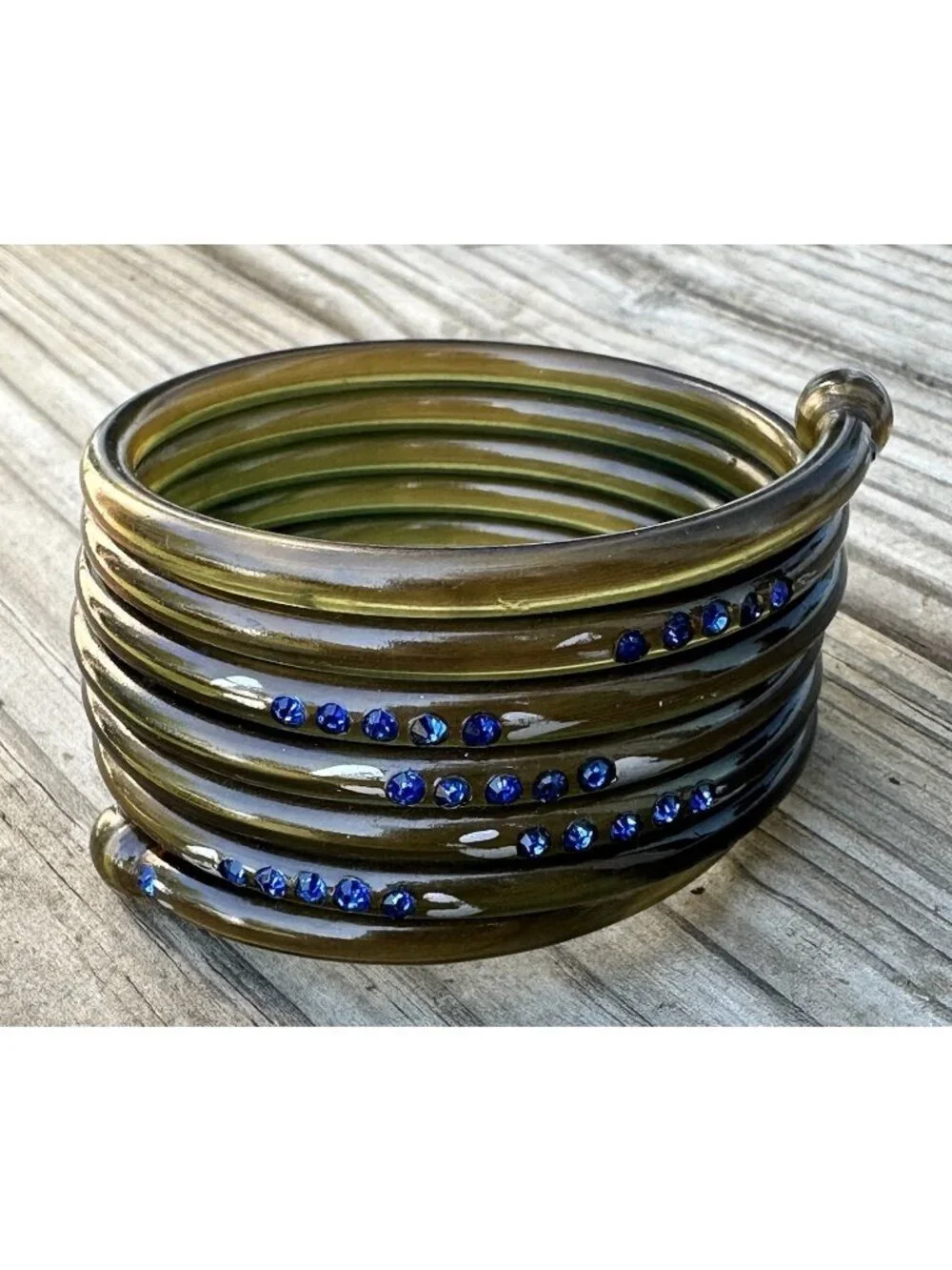 RARE Art Deco Clear Green Celluloid Rhinestone Coil Wrap Bangle Bracelet Snake